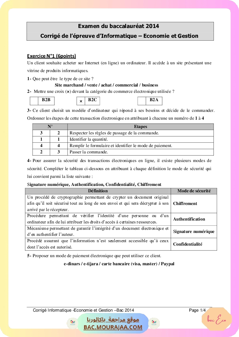 Corrigé principale info Bac 2014 – Section eco